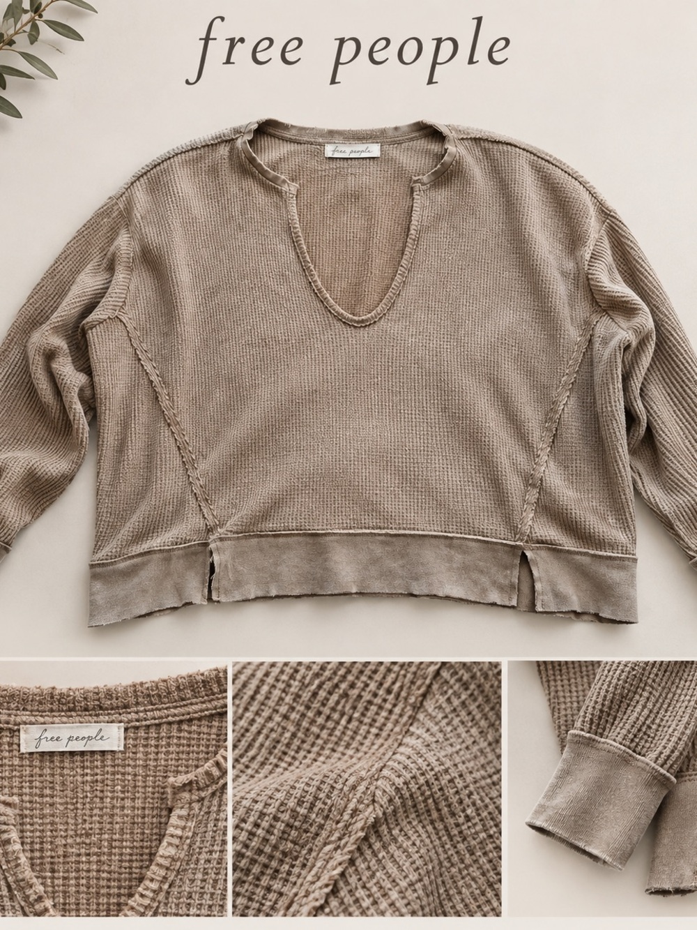 Free People We The Free Taupe Waffle Knit Thermal Pullover Raw Edge